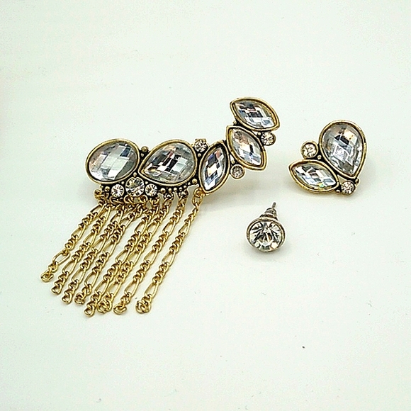 Rhinestone Teardrop Marquis Tassel Fringe Solitaire Earrings Set of 3 Mismatched - Picture 10 of 10